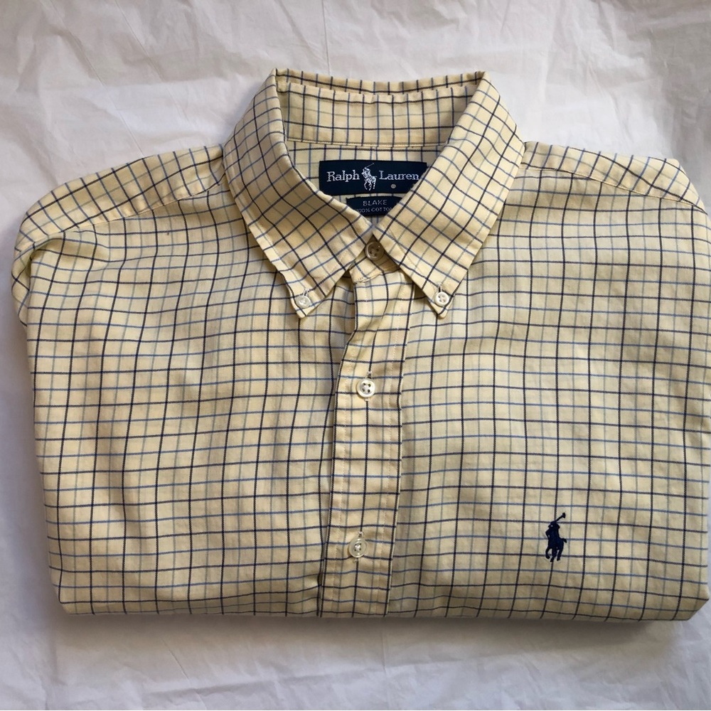 Ralph Lauren Blake Size Large Long Sleeve Button Cotton Shirt Yellow Blue Check